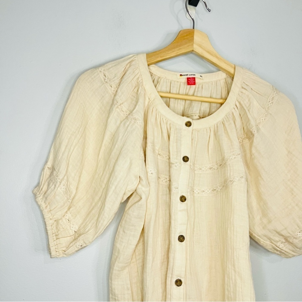 Marine Layer Wren Puff Sleeve Top Cream Button-Up Blouse size xsmall - Picture 3 of 5